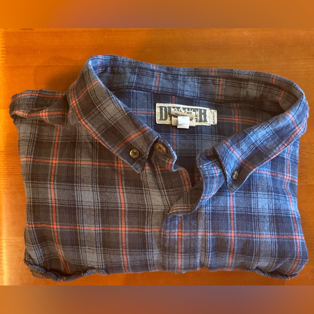 Duluth Trading Co Flannel Shirt Size 2XLT Long Sleeve Grey Blue Red Plaid